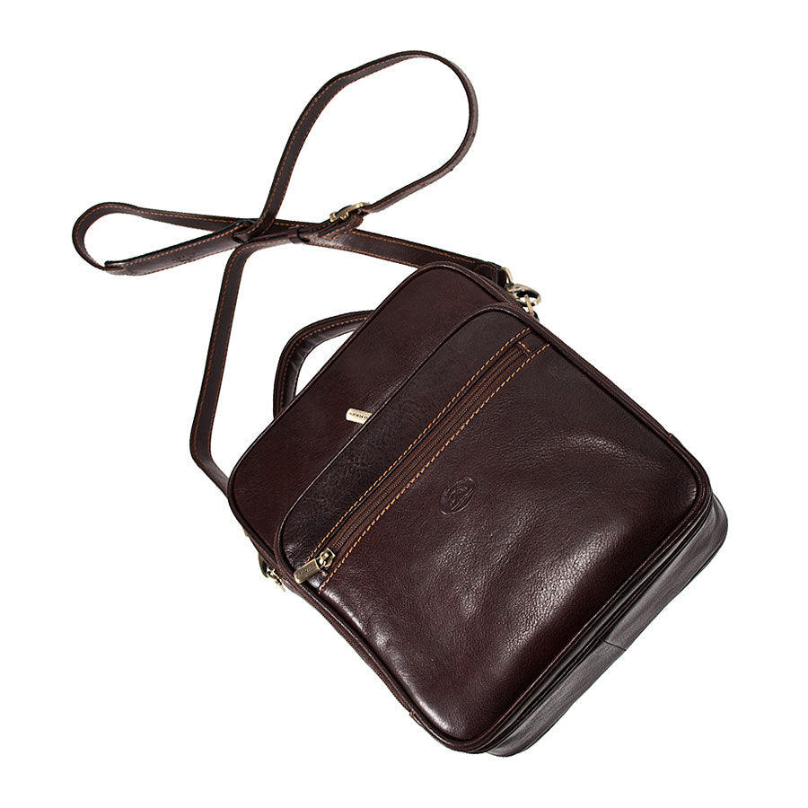 Dark brown Tony Perotti Italico 7058 bag with the detachable leather shoulder strap attached and laid out