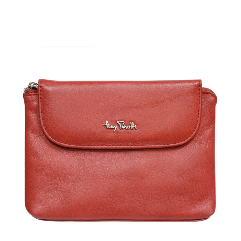Tony Perotti Contatto 2027 rosso women's red leather cosmetic bag with mirror — front view
