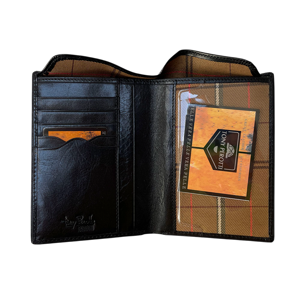 Black passport wallet Tony Perotti Italico 3450Q nero opened flat — four card slots, tall vertical compartment and a large transparent pocket over the checked lining