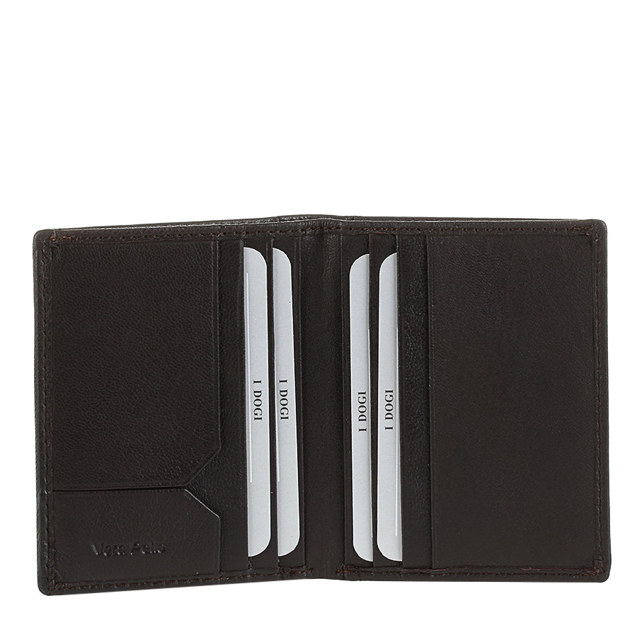 Tony Perotti Cortina 5045 moro — opened flat: two card slots and a notched slip pocket on each inner panel, with «Vera Pelle» embossed