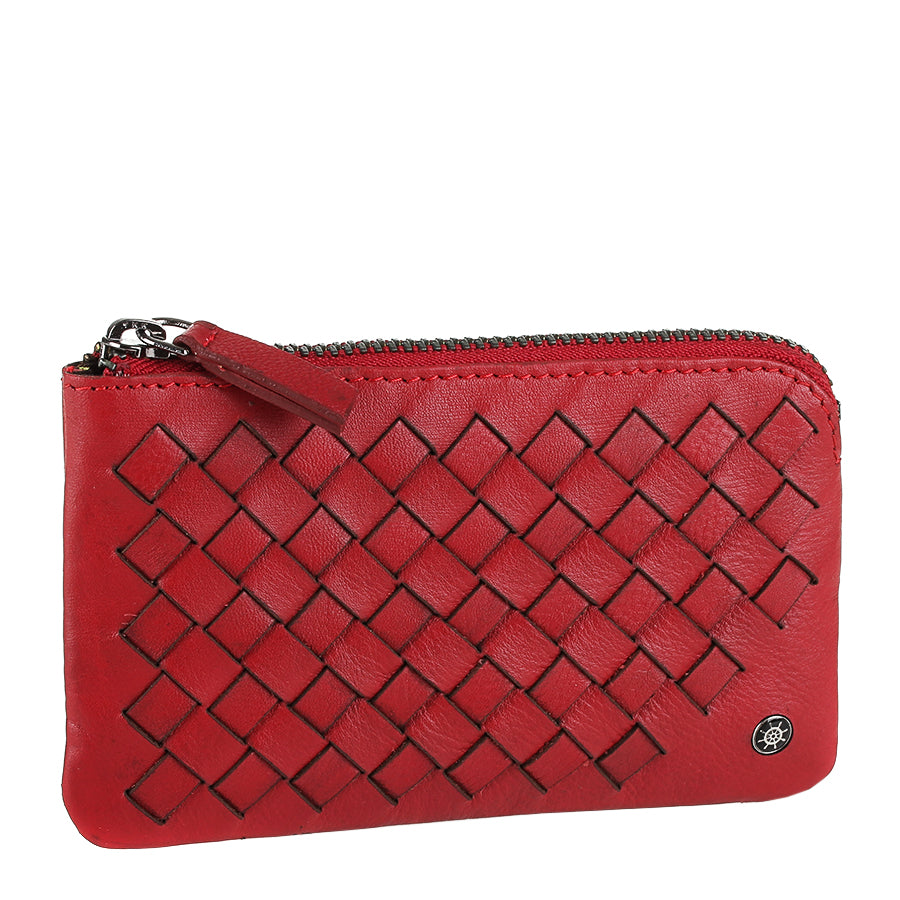 Tony Perotti Timone intrecciato 12002 rosso red woven leather key case, three-quarter view