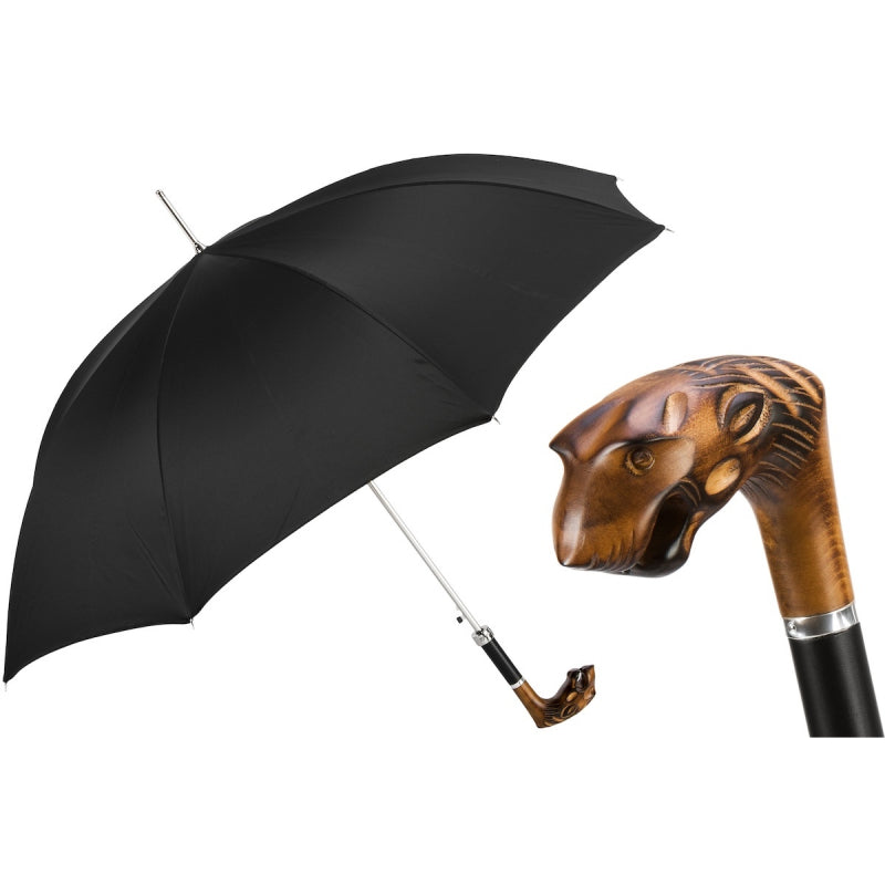 Pasotti men's black umbrella with wooden tiger handle, open, with a close-up of the handle — 478 Oxf-18 N50