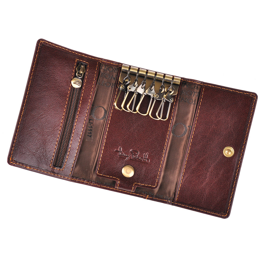 Dark brown leather key case open with six key hooks — Tony Perotti Italico 1117 moro