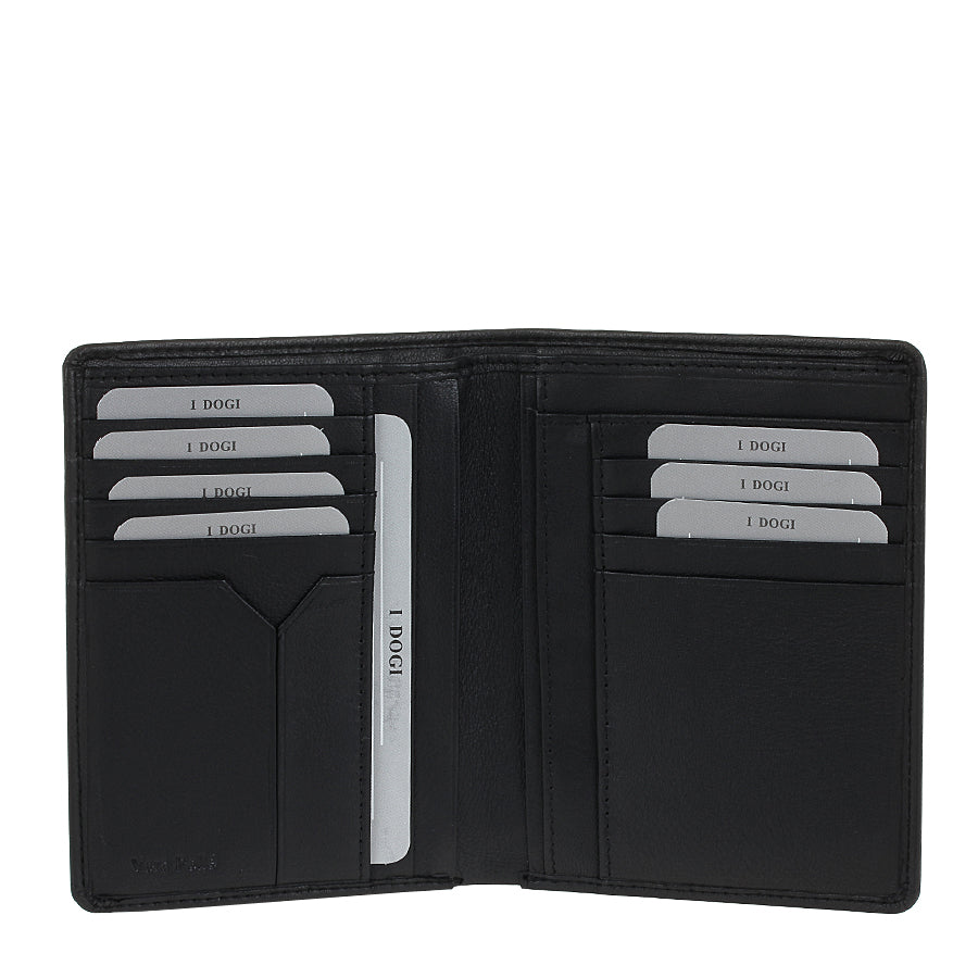 Tony Perotti Cortina 5050 nero opened — card slots in two columns, slip pockets beneath and vertical slots down the middle