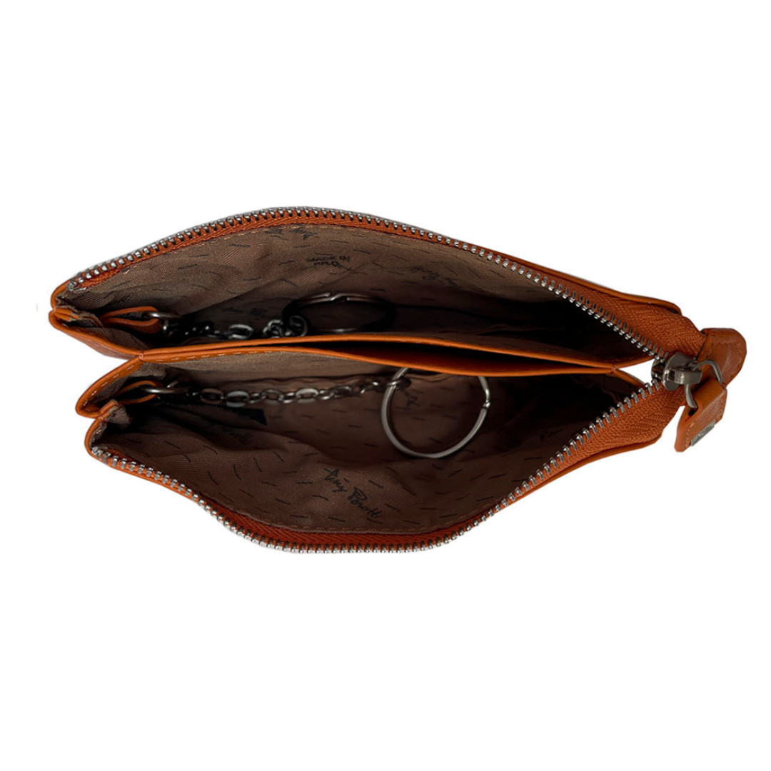 Tony Perotti Contatto 3350 arancio — opened: two compartments split by a leather divider, a ring on a chain in each