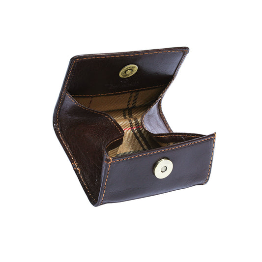 Dark brown leather coin pouch open showing plaid fabric lining and snap button — Tony Perotti Italico 1445L moro