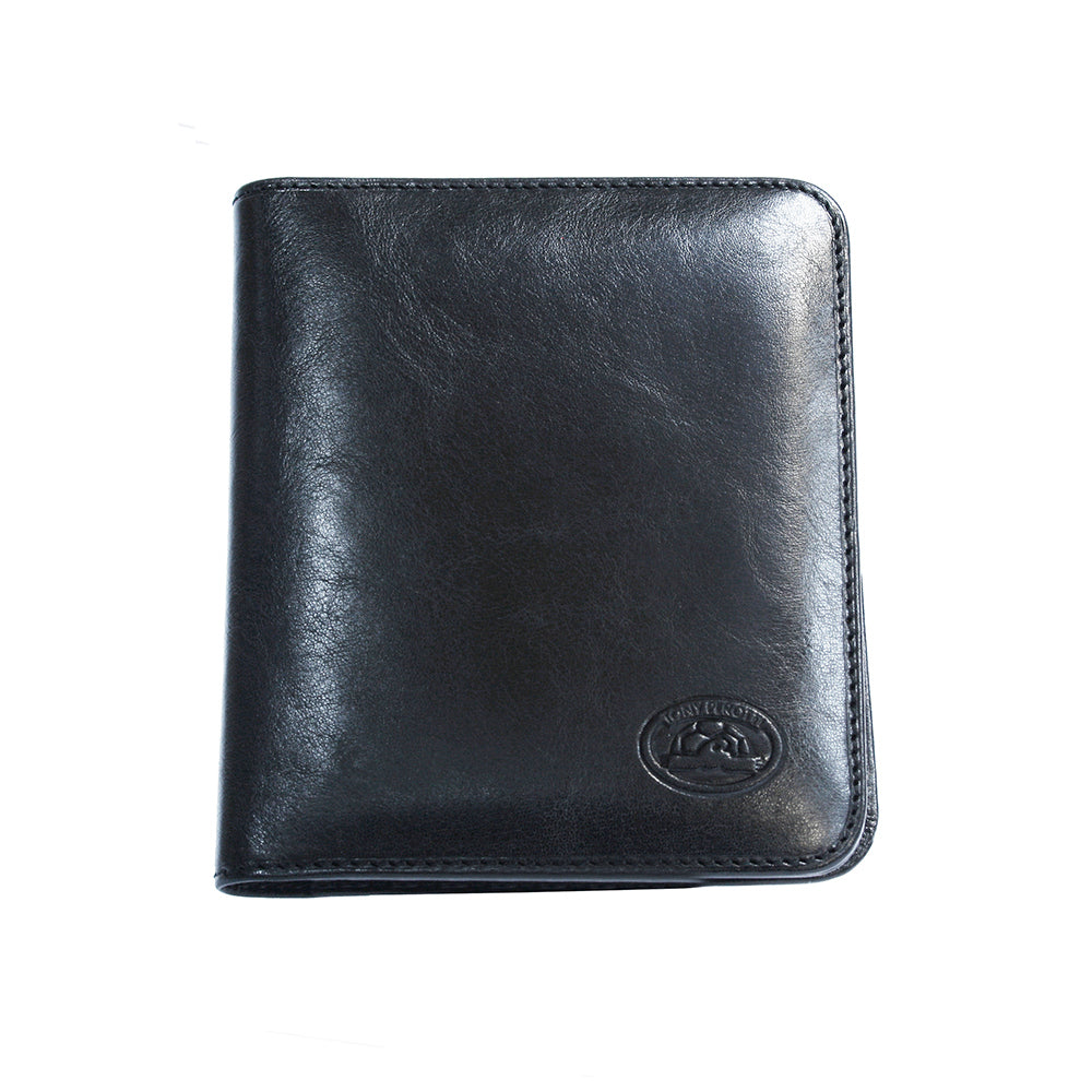 Black leather business card holder closed front cover with embossed emblem — Tony Perotti Italico 2612 nero