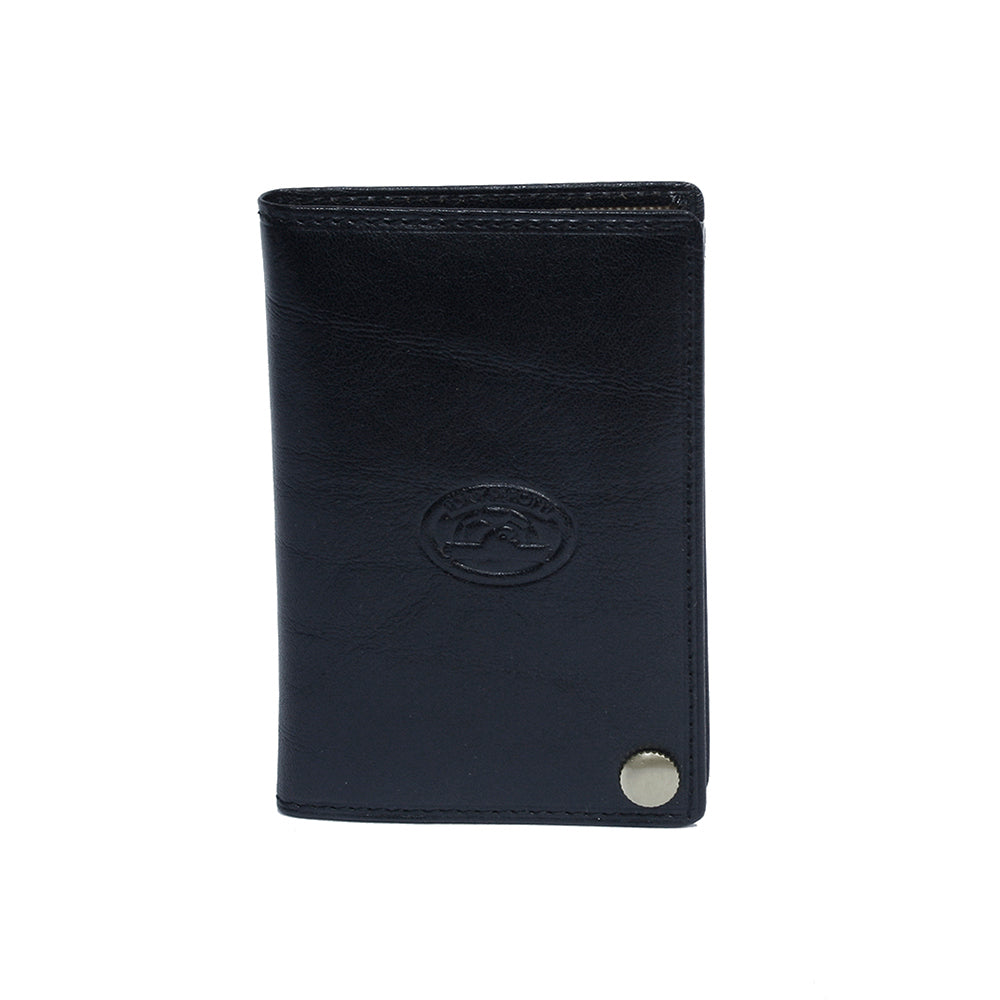 Black leather business card holder front view with embossed turtle emblem — Tony Perotti Italico 2028 nero