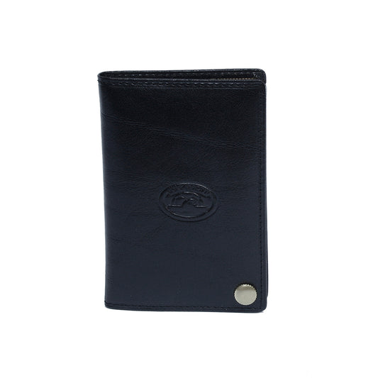 Black leather business card holder front view with embossed turtle emblem — Tony Perotti Italico 2028 nero