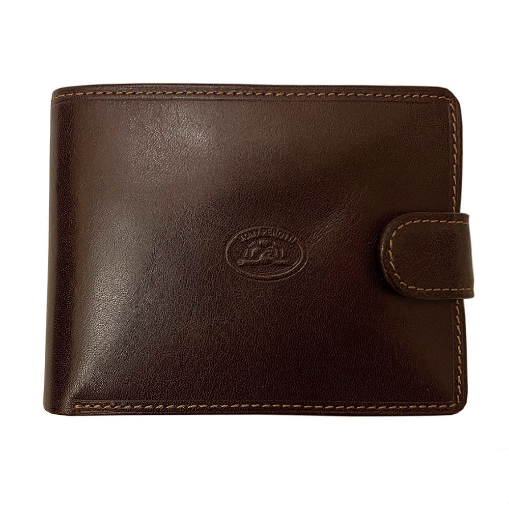 Tony Perotti dark brown bull leather bifold wallet with snap strap and turtle emblem — Italico 396A-Q moro