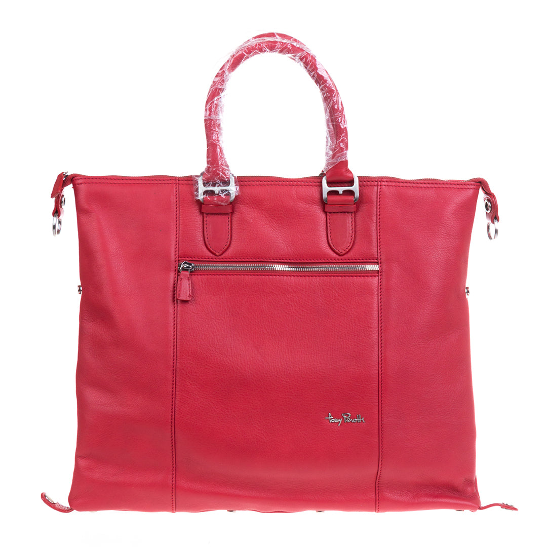 Tony Perotti Contatto 9217-31 rosso red leather handbag — back panel with the embossed Tony Perotti emblem and the base snaps left open