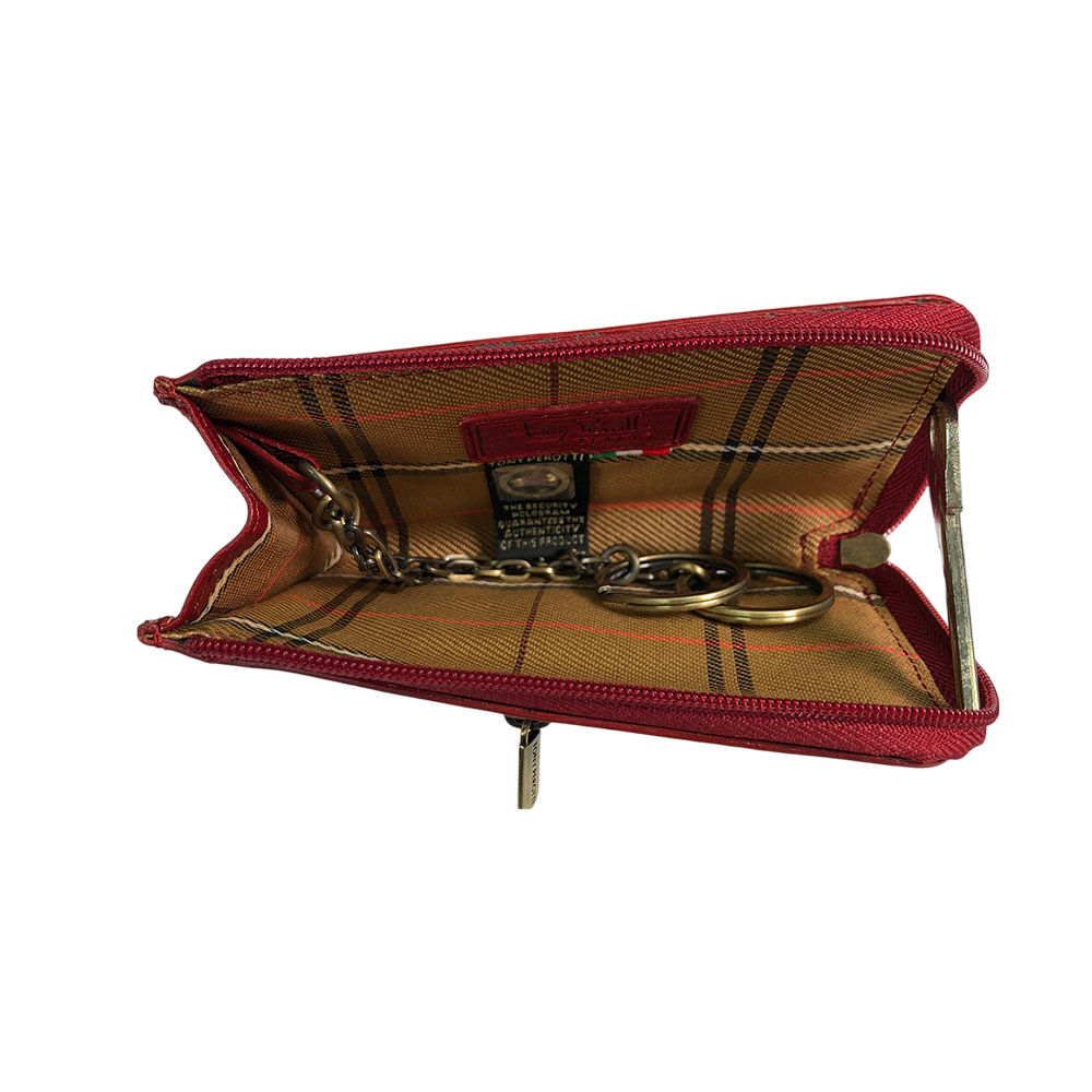 Red leather key case opened flat with woven check lining, key rings on chains and Tony Perotti hologram tag — Italico 1941L rosso