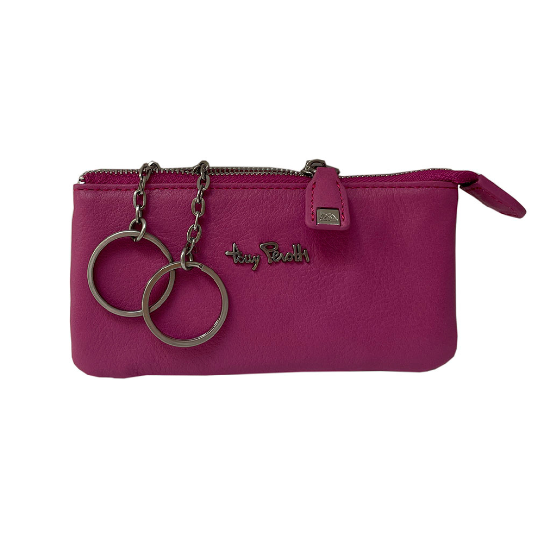 Tony Perotti Contatto 3350 dalia — fuchsia leather key pouch with the two rings on chains pulled out and the silver Tony Perotti script on the front
