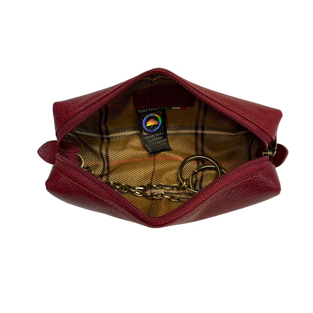 Open red leather key pouch with woven check lining and Tony Perotti hologram tag — Italico 3297 rosso