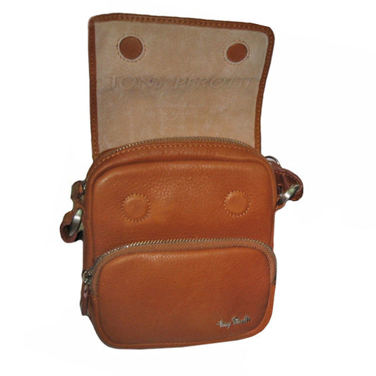 Contatto 9150-14 cuoio with the flap raised — suede lining embossed TONY PEROTTI over the warm cognac leather
