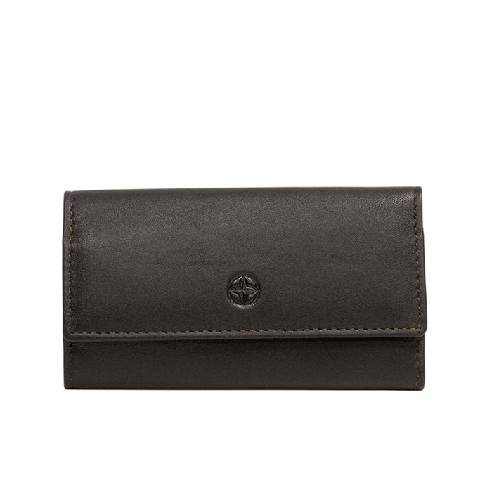 Tony Perotti Cortina 5041 moro — compact dark brown leather key case closed, compass-rose emblem embossed on the flap