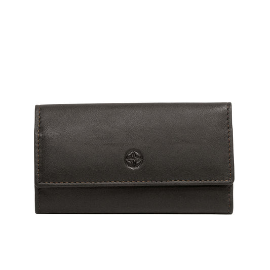 Tony Perotti Cortina 5041 moro — compact dark brown leather key case closed, compass-rose emblem embossed on the flap