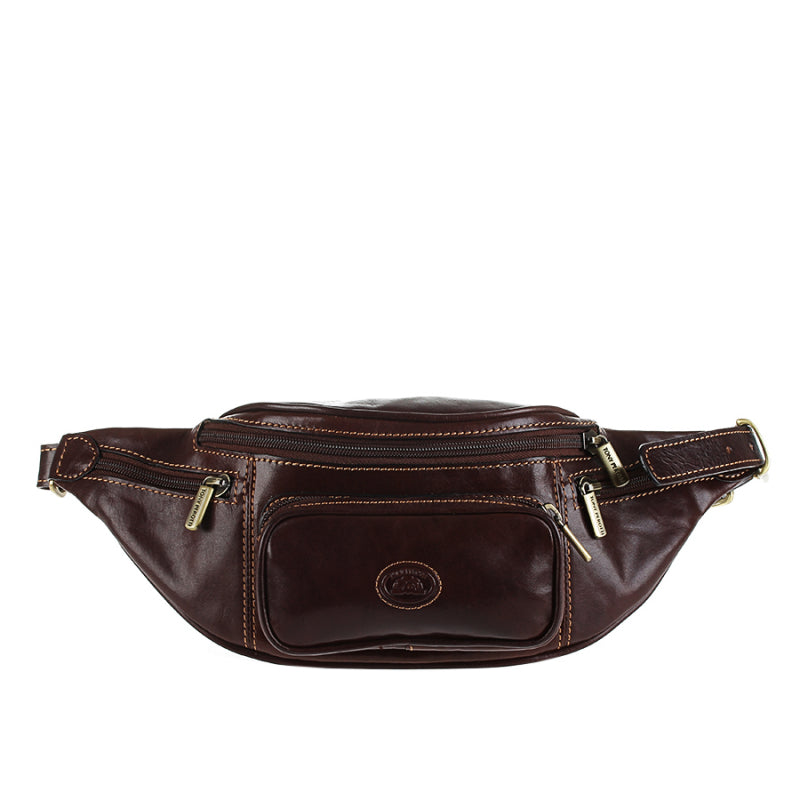 Tony Perotti Italico 8018 men's dark brown leather belt bag — front patch zip pocket with embossed turtle, contrasting stitching and side zip pockets