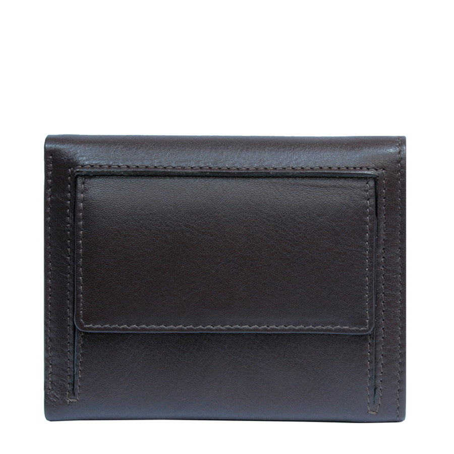 Back of the dark brown Tony Perotti Cortina 5063 wallet with the coin pocket under its own flap