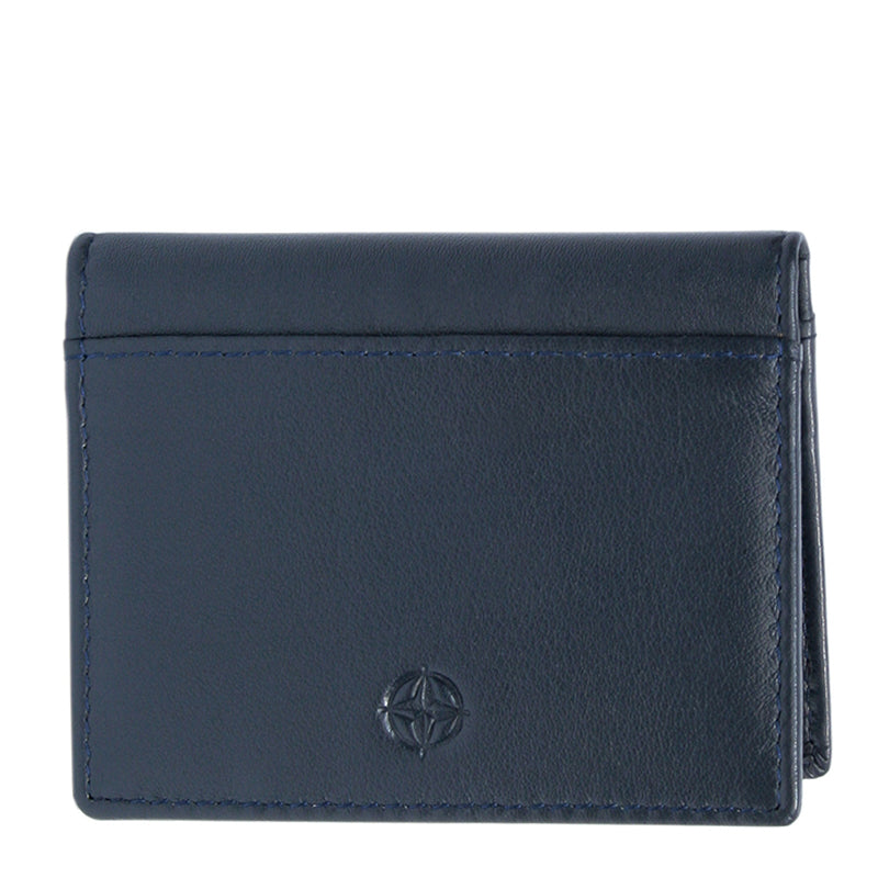Tony Perotti Cortina 5046 navy — the navy leather card wallet closed, front face with the outer slip pocket and the embossed compass rose