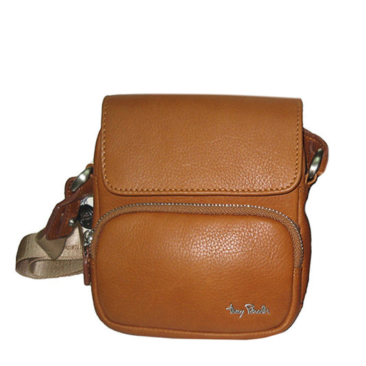 Cognac Tony Perotti Contatto 9150-14 small leather crossbody bag seen straight on — snap flap, front zip pocket with the metal Tony Perotti signature, jacquard strap