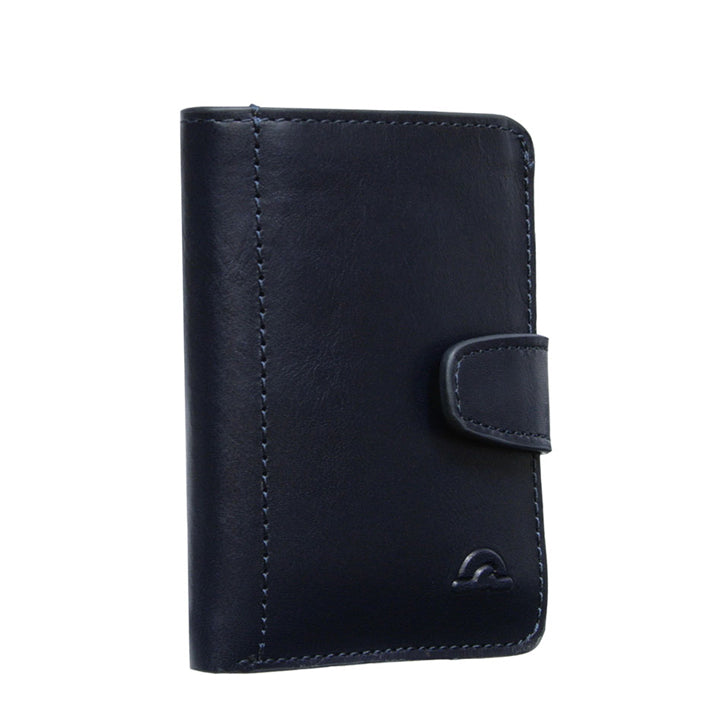 Tony Perotti Nevada 3796+RFID navy leather card holder — closed, three-quarter view with strap tab