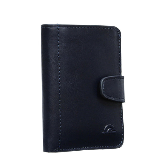 Tony Perotti Nevada 3796+RFID navy leather card holder — closed, three-quarter view with strap tab