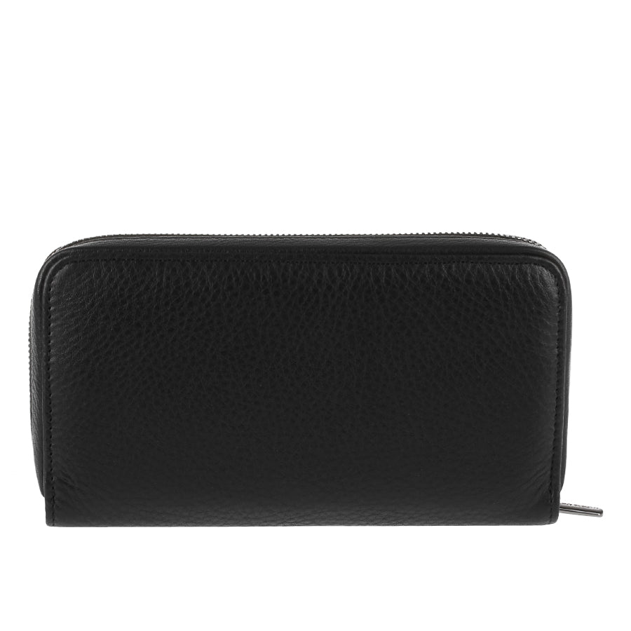 Back of the black New Contatto zip-around wallet in fine pebbled calf leather