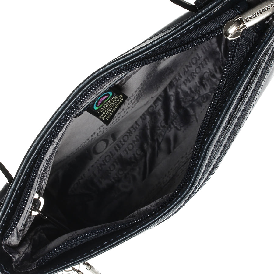 Inside the navy Italico 6048 bag — branded Tony Perotti lining, hologram tag of authenticity and inner zip pocket