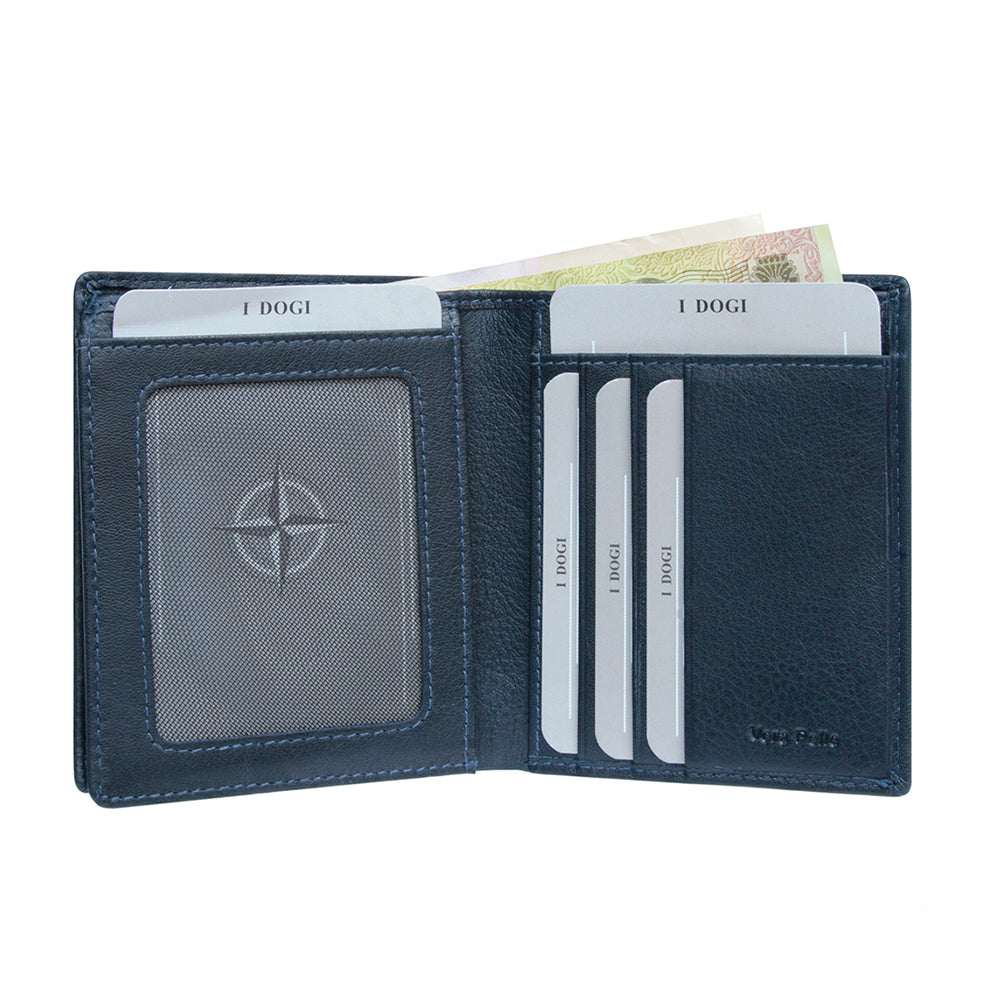 Navy leather bifold wallet card layout detail — Tony Perotti Cortina 5079