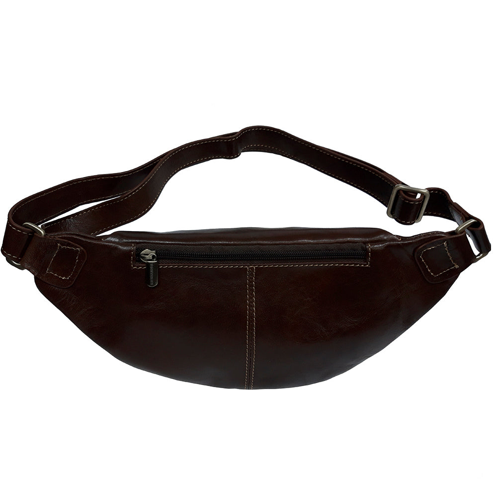 Back of the dark brown Tony Perotti Italico 6175 belt bag — rear flat zip pocket and adjustable leather belt with metal fittings