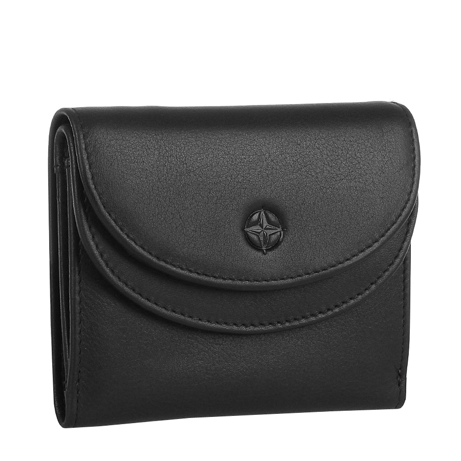 Black Tony Perotti Cortina 5055 flap wallet standing at a three-quarter angle, flap closed