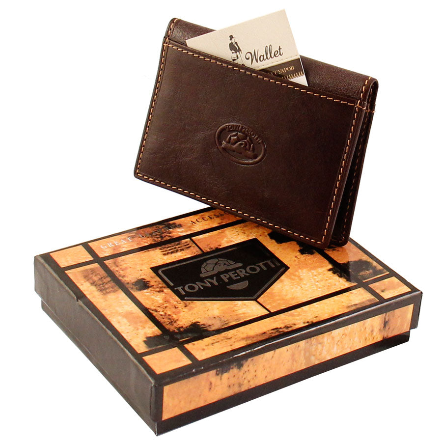 Dark brown leather card holder on a Tony Perotti branded gift box — Italico 1034 moro