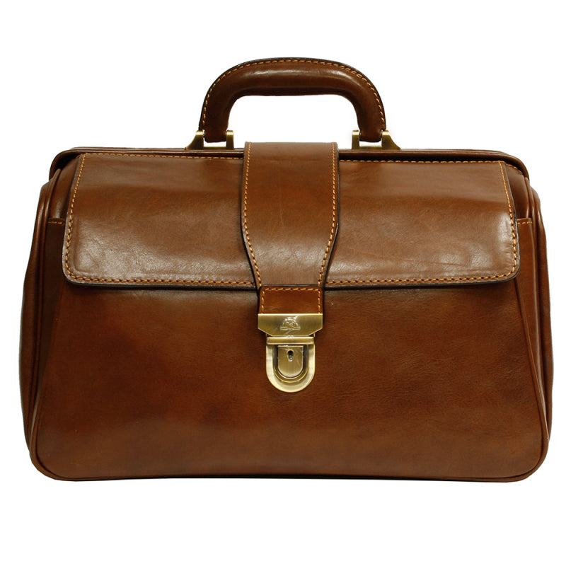 Tony Perotti Italico 8051 men's cognac leather doctor bag — front view with flap pocket, over-flap strap and antique brass clasp lock