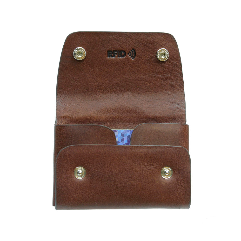 Tony Perotti Nevada 3740+RFID moro card holder with the flap unfolded and a card inside