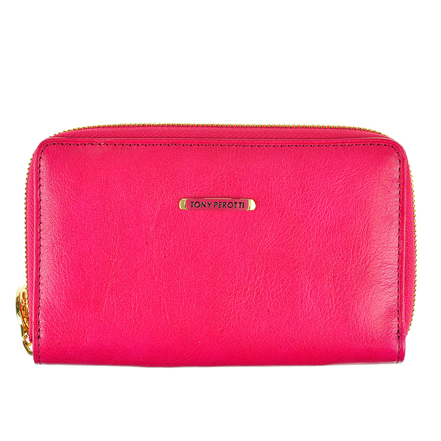 Tony Perotti Topkapi 3441 geranio raspberry pink zip-around wallet with gold metal logo plate — handcrafted in Italy