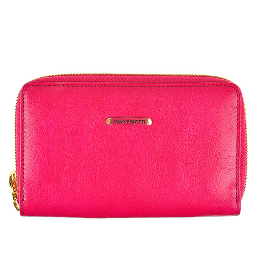 Tony Perotti Topkapi 3441 geranio raspberry pink zip-around wallet with gold metal logo plate — handcrafted in Italy