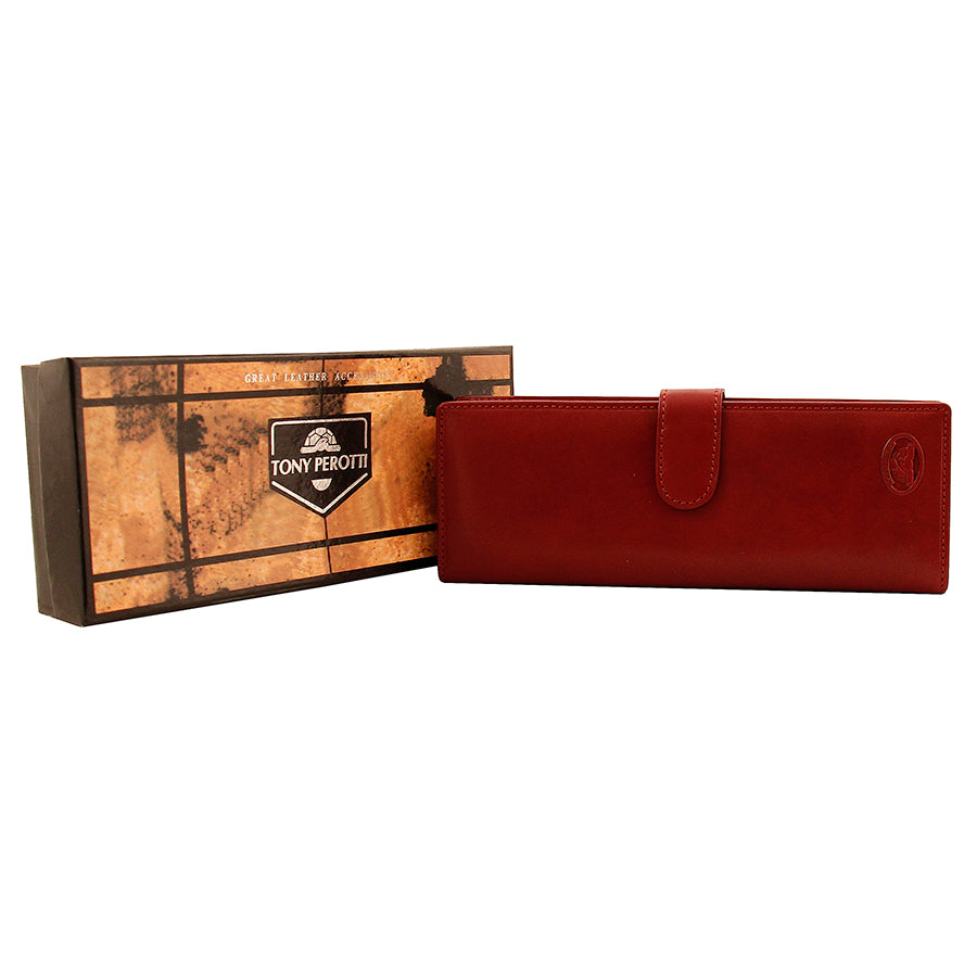 Red leather long business card holder with Tony Perotti branded gift box — Italico 2639 rosso