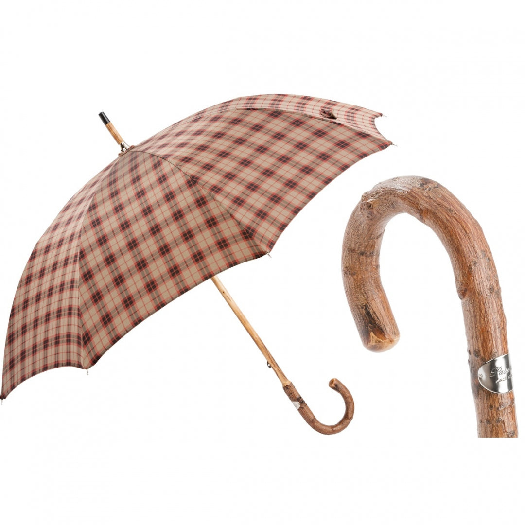 Pasotti men's brown check umbrella with one-piece ash handle, open, with a close-up of the handle — 142 Diamond-21 F
