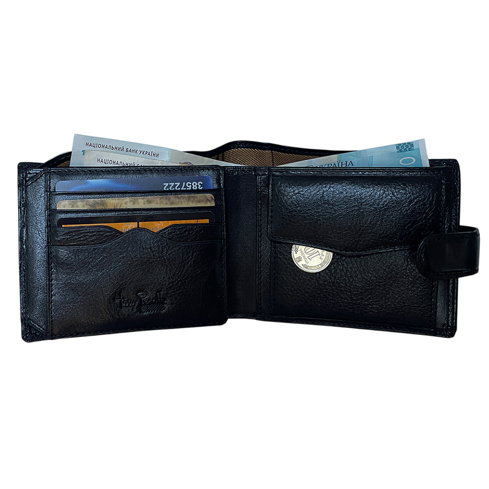 Opened Tony Perotti Italico 3341A-Q nero wallet holding banknotes, 3 cards and a coin