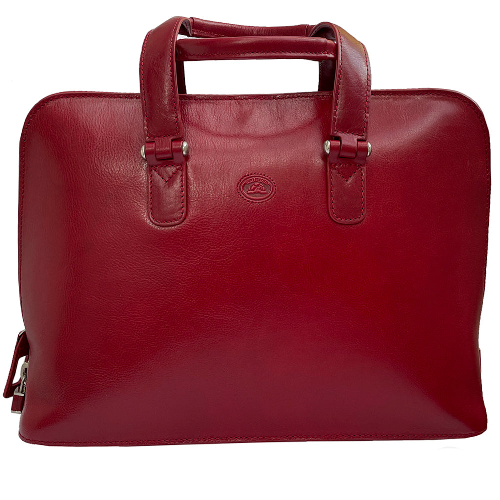 Tony Perotti Italico 8149 rosso red leather business bag — front view with the embossed oval Tony Perotti emblem between the handle tabs