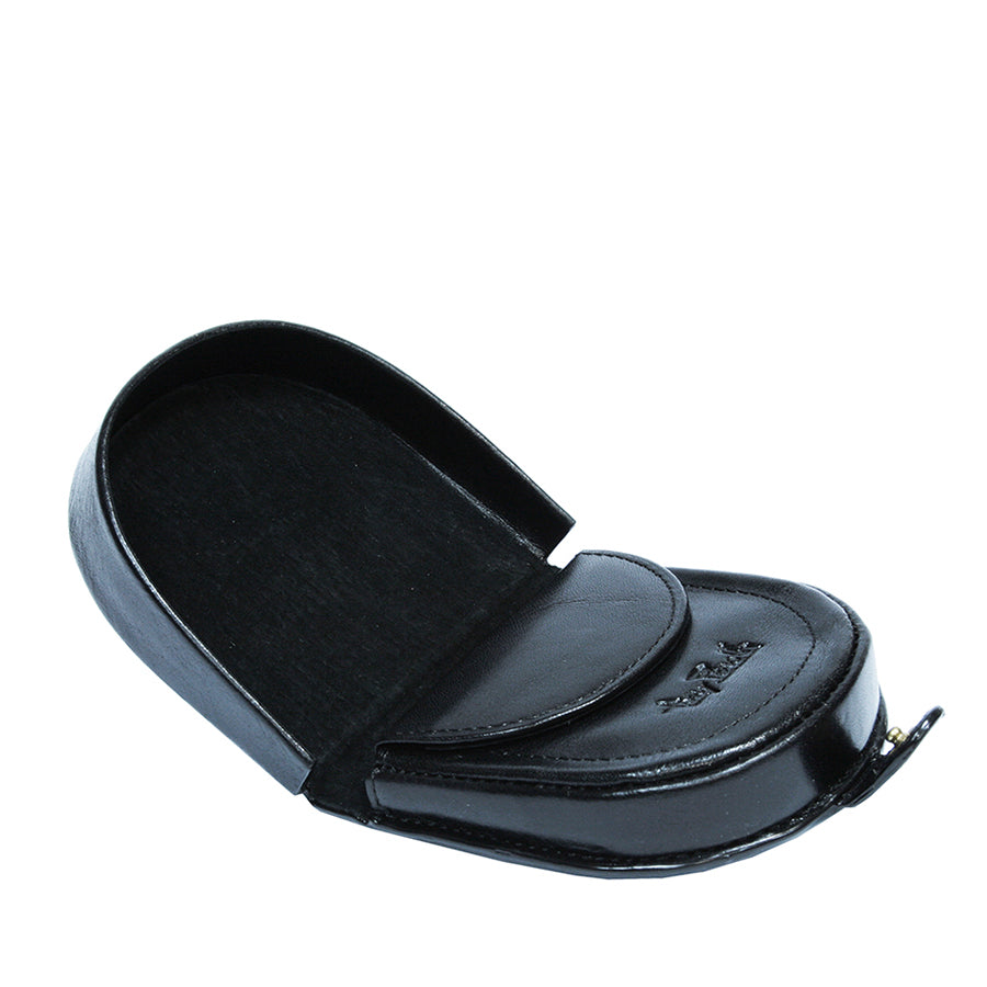 Black leather coin pouch open, coin tray with embossed signature, handcrafted in Italy — Tony Perotti Italico 1196 nero
