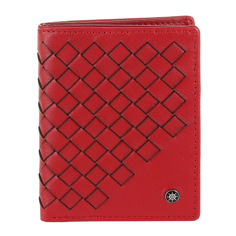 Tony Perotti Timone intrecciato 12045 rosso red woven leather compact wallet, front with ship's wheel plate