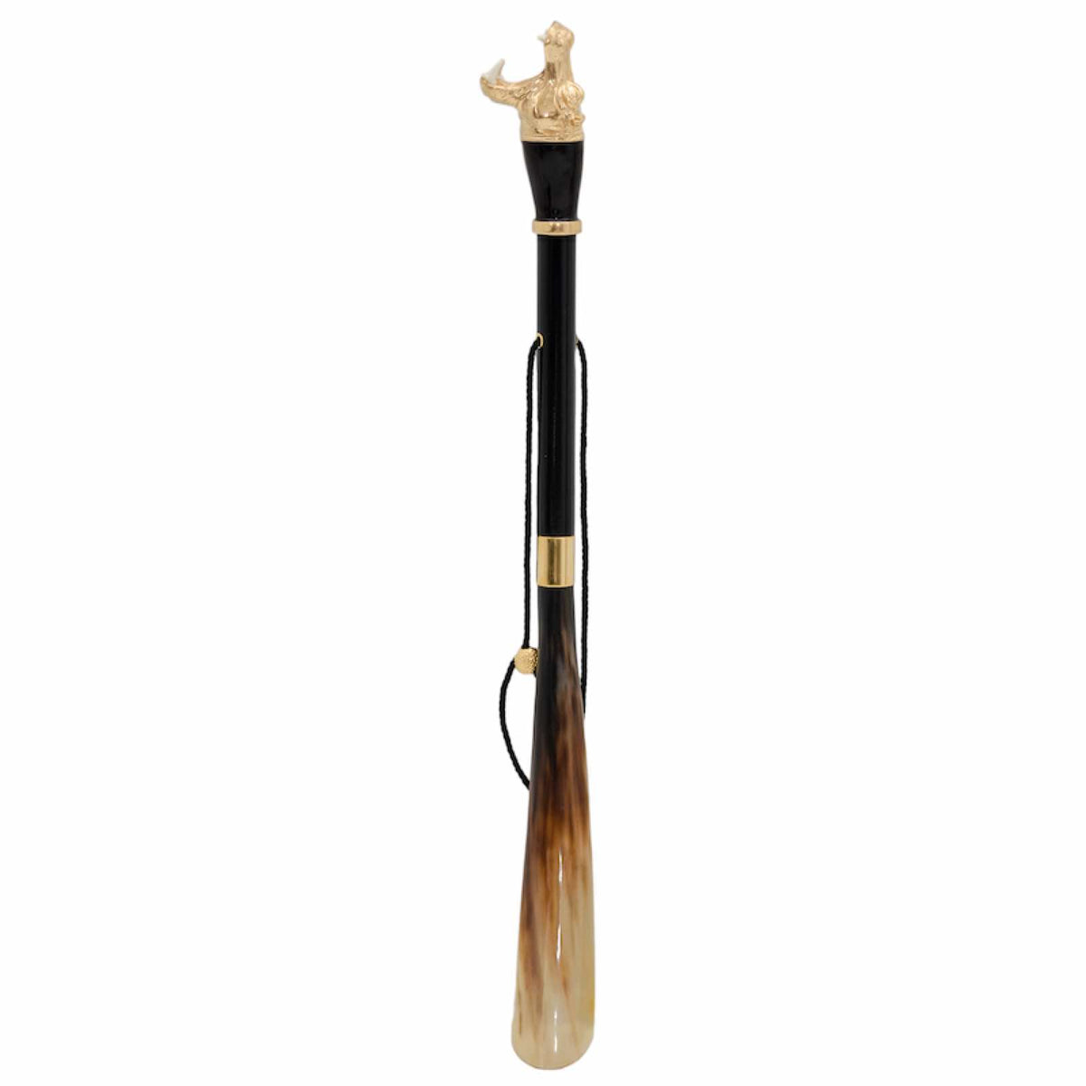 Hippo shoehorn standing upright: glossy black shaft, hanging cord and natural horn blade