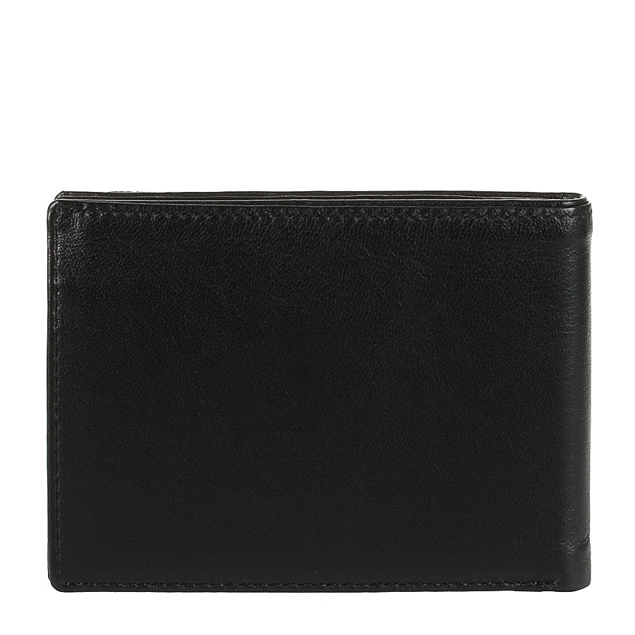 Open black leather bifold wallet with card slots and snap coin pocket — Tony Perotti Cortina 5085