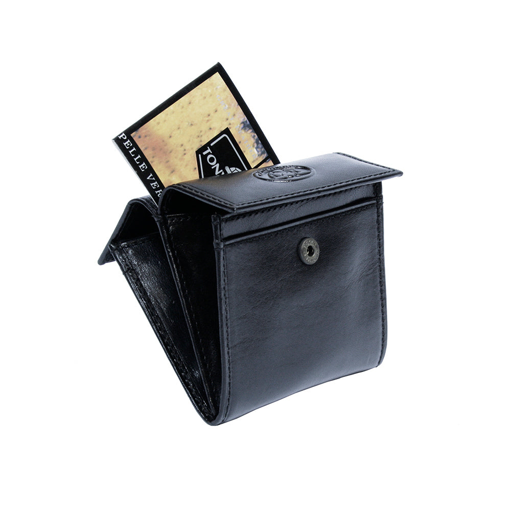Black leather coin pouch, second compartment open with brand card — Tony Perotti Italico 1642 nero