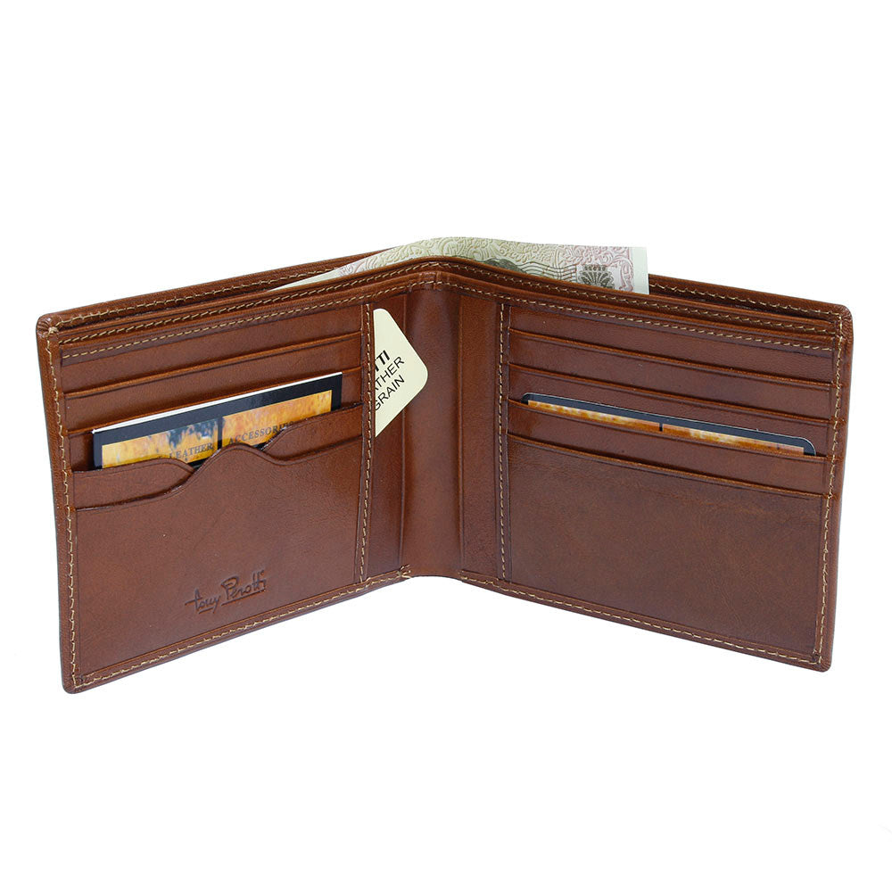Open Tony Perotti cognac leather wallet with card slots, documents and banknotes