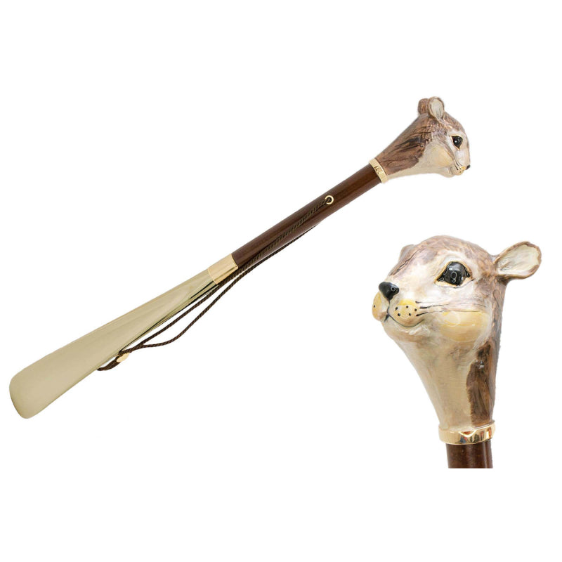 Pasotti squirrel head shoehorn, full view with a close-up of the squirrel head — CS K80