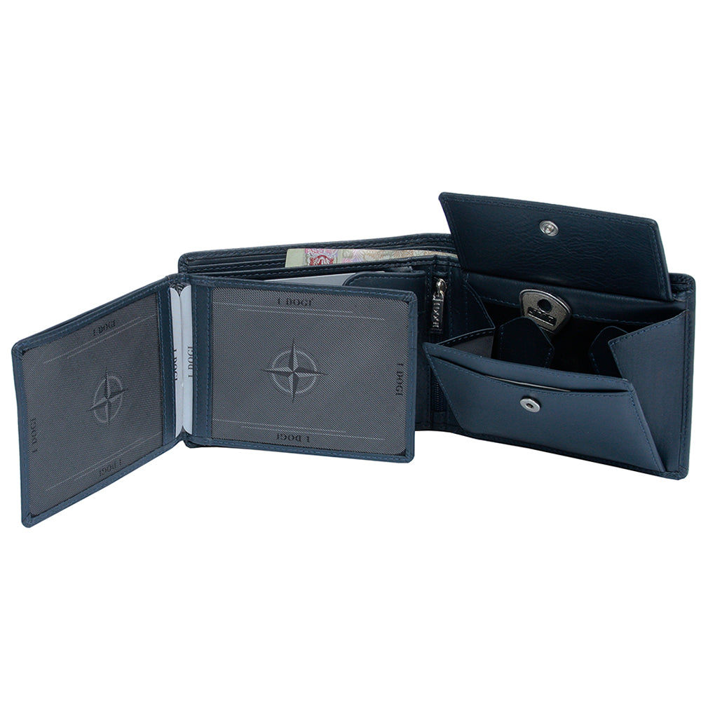 Tony Perotti Cortina 5053 navy with the flip-out panels swung open and the coin pocket unsnapped, a banknote in the compartment behind