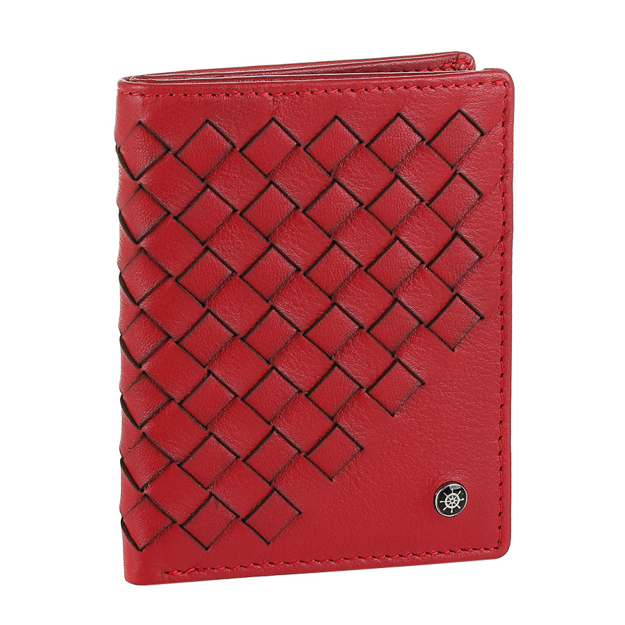 Tony Perotti Timone intrecciato 12045 rosso red woven leather compact wallet, three-quarter view